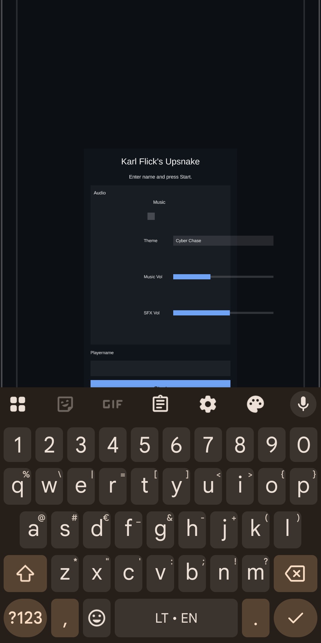 Upsnake start screen with leaderboard and audio options